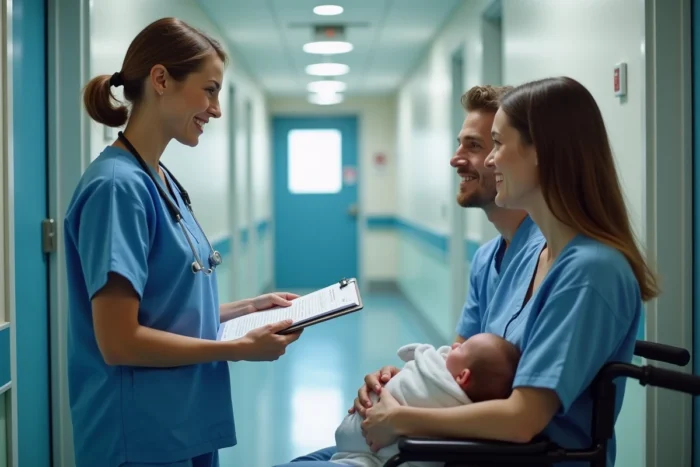 Une médecin expliquant l'ordre de naissance des jumeaux à des jeunes parents dans un couloir de maternité