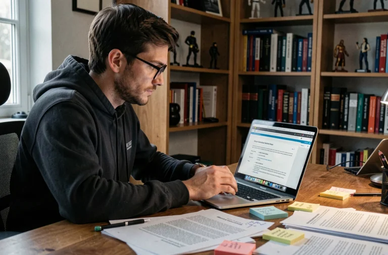 Homme geek consultant les mentions légales d'un site web sur son ordinateur portable dans un bureau à domicile