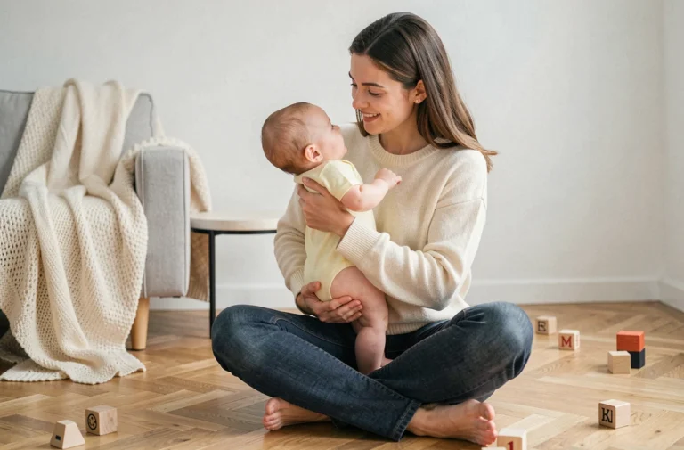 Jeune mère tenant son bébé de 4 mois contre elle dans un salon minimaliste chaleureux, favorisant l'éveil et le lien affectif