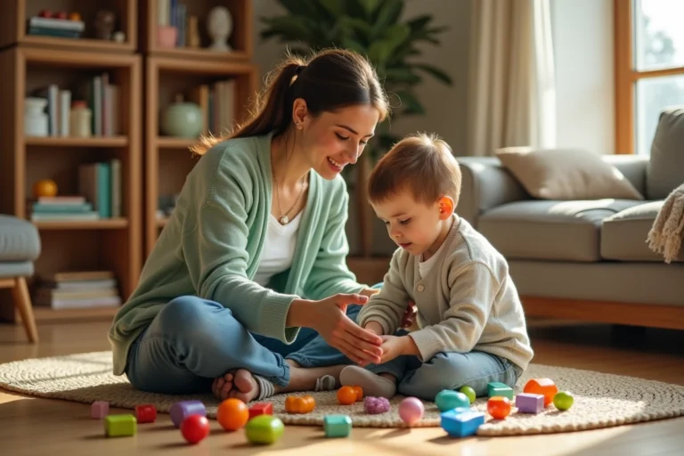 Mère accompagnant son enfant autiste avec des jouets sensoriels dans un salon chaleureux en Arizona