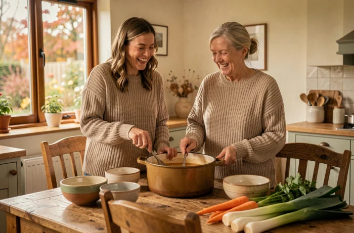 Mère et fille cuisinant ensemble une soupe maison autour d'une grande table en bois dans une cuisine conviviale et chaleureuse