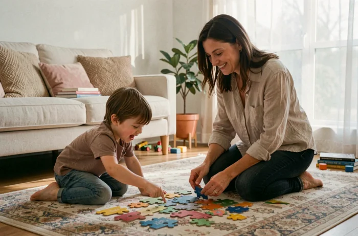 Mère et fils faisant un puzzle ensemble sur le sol du salon dans une ambiance familiale authentique