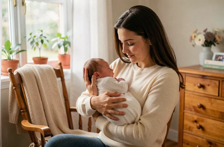 Jeune mère tenant tendrement son nouveau-né dans une chambre de bébé chaleureuse et apaisante