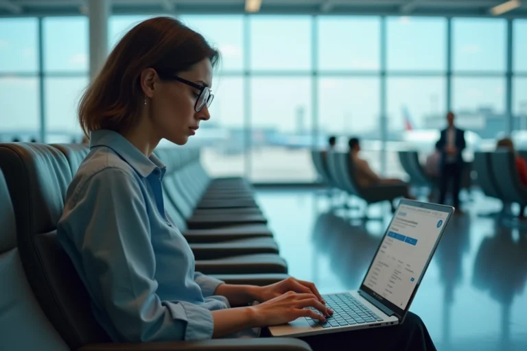 Femme modifiant son billet d'avion Ryanair sur un ordinateur portable dans un aéroport moderne