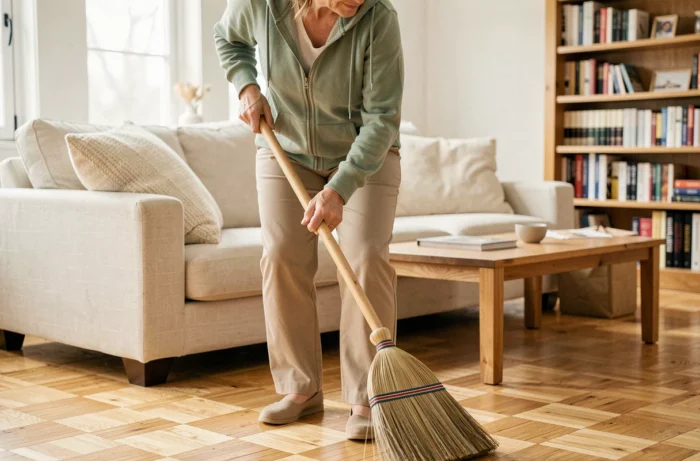 Woman sweeping the floor of a bright living room with a wooden broom in a well-maintained house