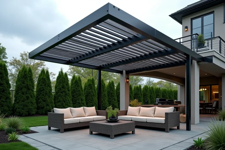 Pergola bioclimatique avec lames orientées à 45 degrés pour résister au vent fort dans un jardin résidentiel
