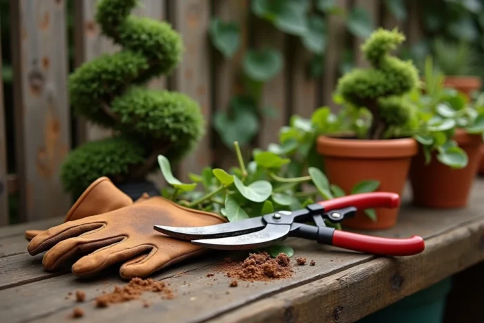Gants de jardinage et sécateur professionnel posés près de branchages taillés avec un topiaire en spirale en arrière-plan