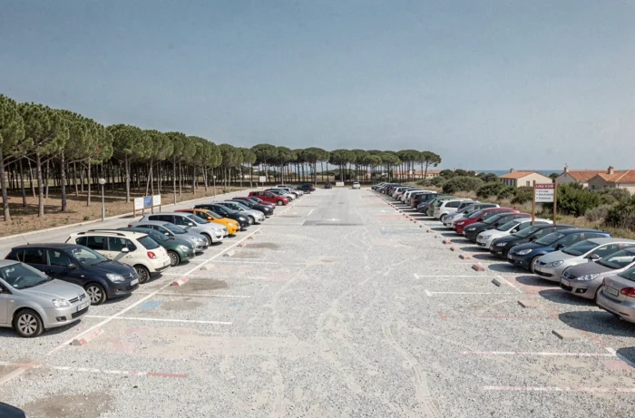 Large free gravel parking lot surrounded by pine trees near the Arcachon basin with parked cars
