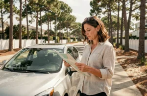 Femme consultant une carte à côté de sa voiture garée dans une rue résidentielle ombragée près d'Arcachon