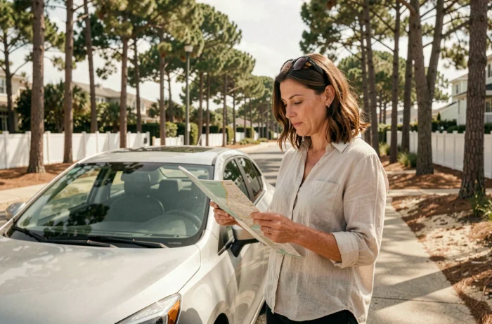Femme consultant une carte à côté de sa voiture garée dans une rue résidentielle ombragée près d'Arcachon