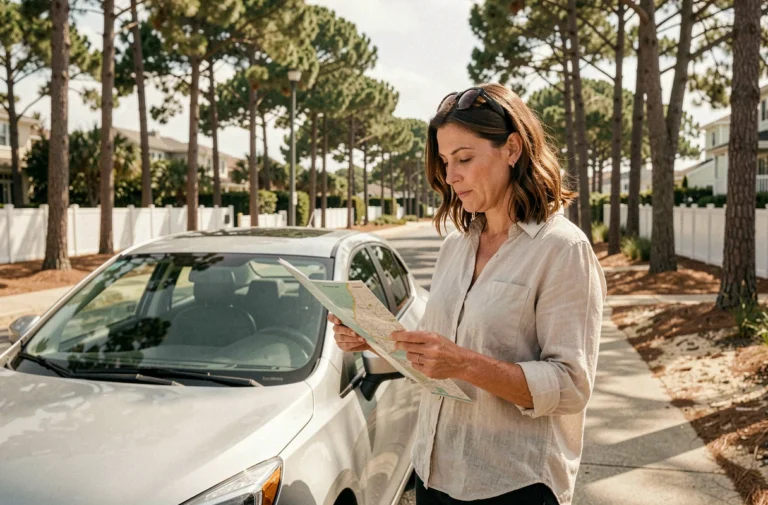 Femme consultant une carte à côté de sa voiture garée dans une rue résidentielle ombragée près d'Arcachon