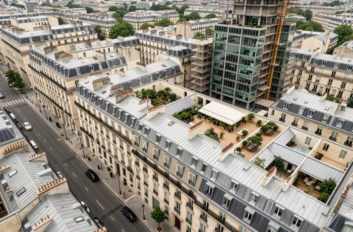 Aerial view of a French urban neighborhood mixing Haussmannian buildings and modern residential constructions