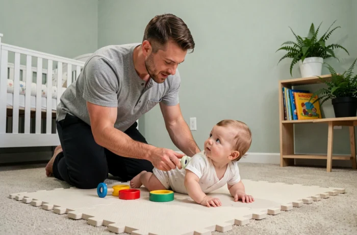 Father encouraging his 6-month-old baby during a tummy time session on a play mat in a calming nursery