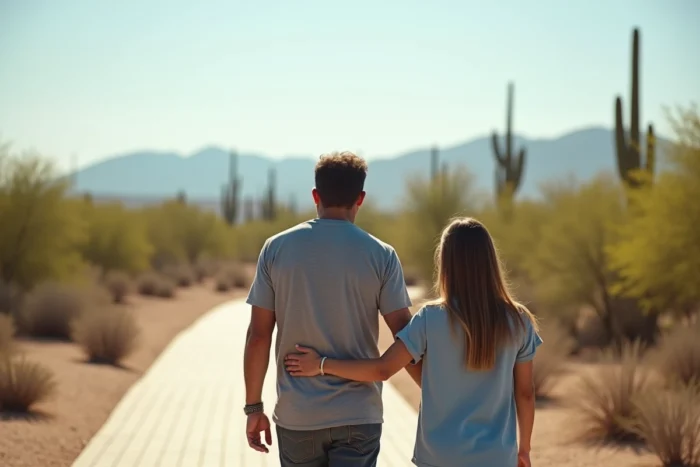Père accompagnant sa fille adolescente autiste lors d'une promenade dans un parc en Arizona
