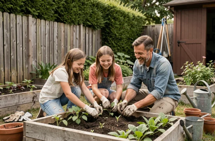 Père et filles jardenant ensemble dans un potager familial pendant le week-end
