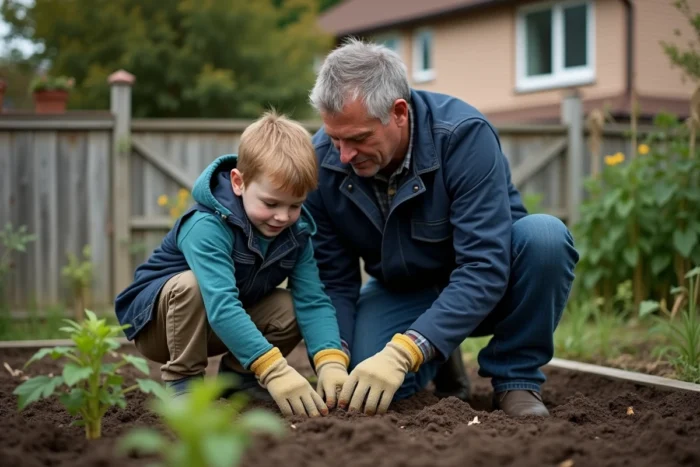 Père et fils jardinant ensemble à l'extérieur pour une vie de famille autonome et responsable