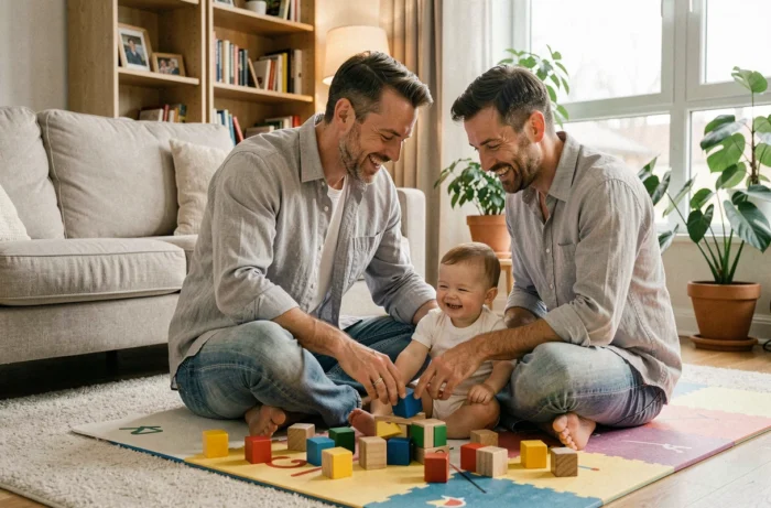 Father playing with his six-month-old baby on a colorful play mat in a family living room