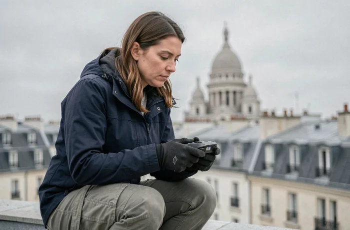 Photographe professionnelle opérant un drone sur un toit de Montmartre avec le Sacré-Cœur en arrière-plan