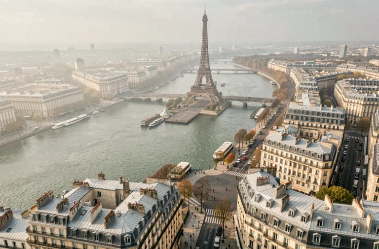 Vue aérienne de Paris depuis un drone au-dessus de la Seine avec la Tour Eiffel et les toits haussmanniens en automne