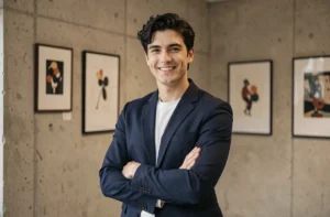 Portrait éditorial de Fabian Wolfrom, jeune homme élégant en blazer marine dans un studio parisien moderne