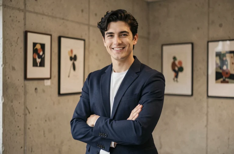 Portrait éditorial de Fabian Wolfrom, jeune homme élégant en blazer marine dans un studio parisien moderne