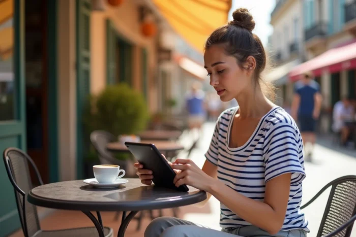 Jeune femme accédant pour la première fois à Connect Ville de Marseille via une tablette en terrasse de café