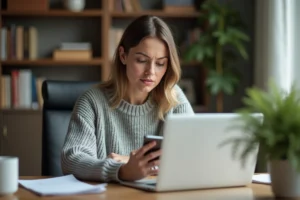 Femme consultant son espace client MyFoncia sur un ordinateur portable avec son téléphone en main, perplexe face à un problème de connexion