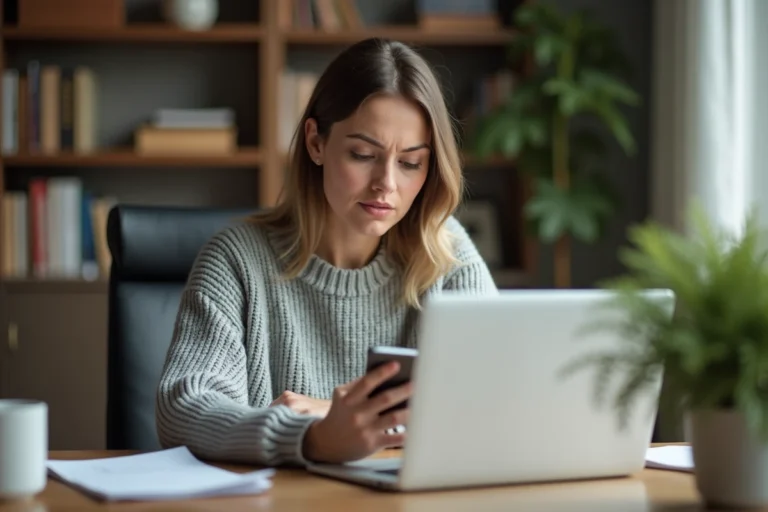 Femme consultant son espace client MyFoncia sur un ordinateur portable avec son téléphone en main, perplexe face à un problème de connexion