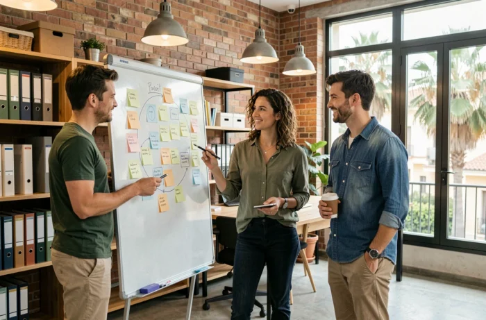 Trois jeunes professionnels français et espagnols collaborant dans un espace de coworking à Valence, Espagne