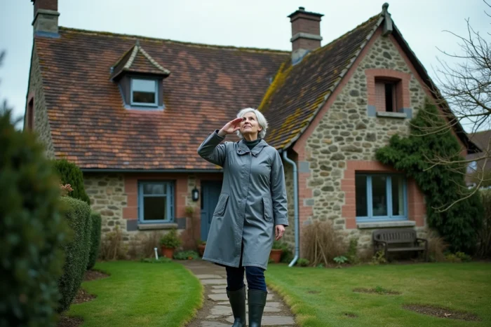 Propriétaire observant avec inquiétude une toiture ancienne avec tuiles poreuses et mousses sur une maison de campagne française