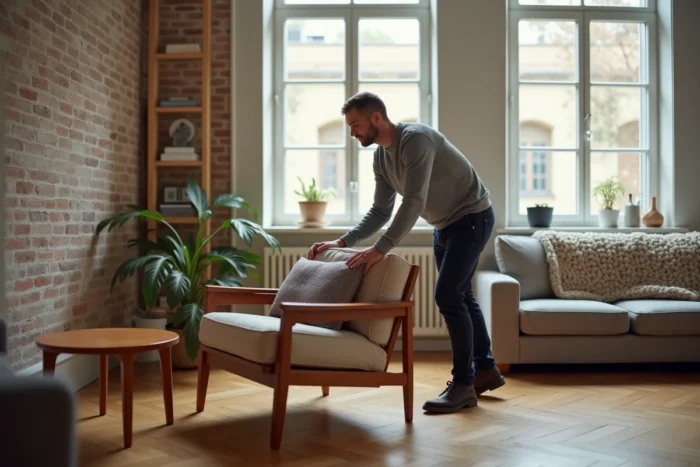 Homme réaménageant un fauteuil en teck dans un salon avec parquet en chevron et mur en briques apparentes