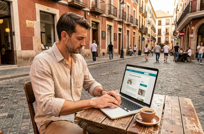 Un jeune Français recherchant des offres d'emploi en Espagne sur son ordinateur portable en terrasse d'un café à Madrid