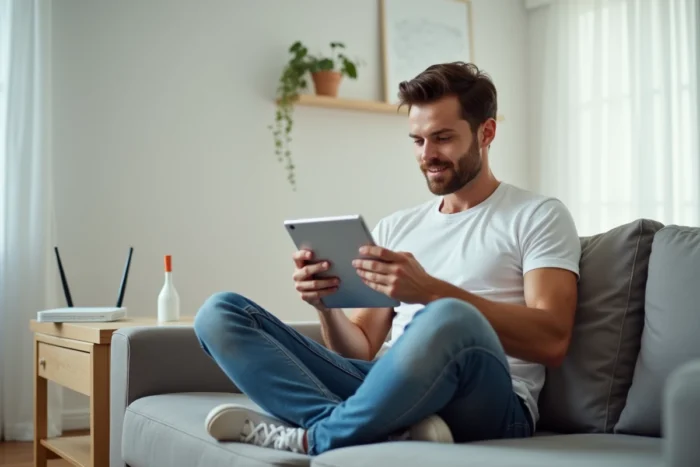 Jeune homme essayant de se reconnecter à MyFoncia depuis une tablette posé sur un canapé, routeur visible en arrière-plan