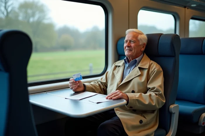 Un retraité en voyage en TGV avec son pass Carmillon SNCF sur la tablette