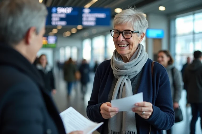 Une retraitée souriante au guichet SNCF pour obtenir son pass Carmillon