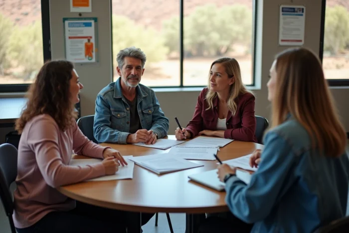 Groupe de parents et aidants discutant des ressources pour les familles autistes lors d'une réunion communautaire en Arizona