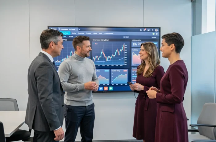 Groupe de professionnels en réunion autour d'un écran tactile affichant des graphiques de tendances économiques dans une salle de conférence moderne