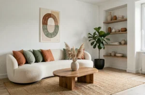 Salon scandinave moderne décoré avec des tendances actuelles : canapé bouclé crème, coussins terracotta et vert sauge, table basse en bois et herbes de pampa séchées