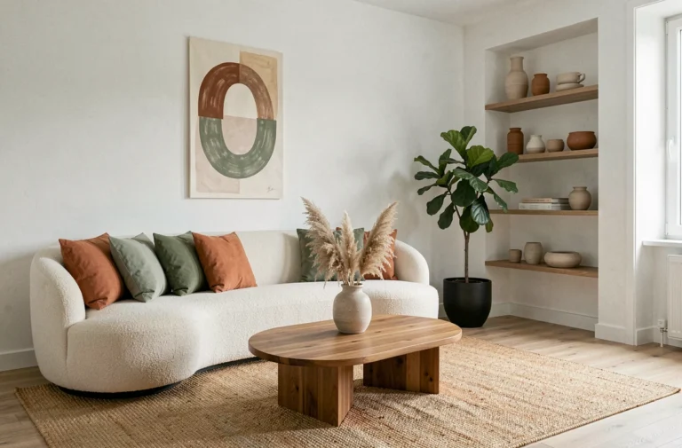 Salon scandinave moderne décoré avec des tendances actuelles : canapé bouclé crème, coussins terracotta et vert sauge, table basse en bois et herbes de pampa séchées