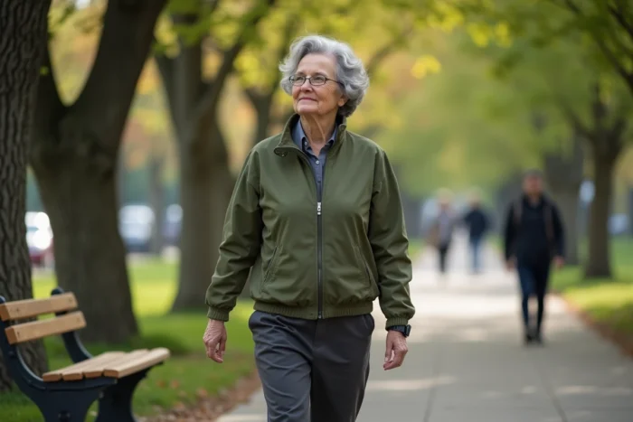 Une femme senior se promenant dans un parc urbain avec une montre connectée au poignet, symbole des solutions technologiques pour l'autonomie des personnes âgées