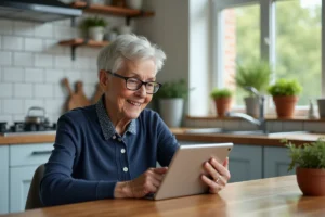 Une femme senior utilisant une tablette numérique pour un appel vidéo dans sa cuisine moderne, favorisant son autonomie au quotidien