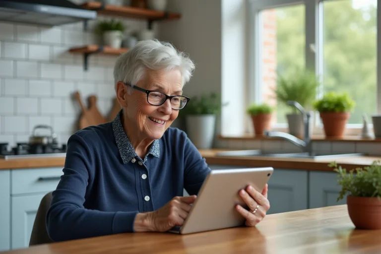 Une femme senior utilisant une tablette numérique pour un appel vidéo dans sa cuisine moderne, favorisant son autonomie au quotidien