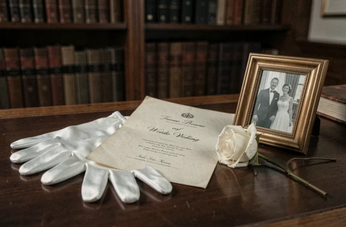 Détails d'objets de mariage vintage sur un bureau en acajou incluant un programme de cérémonie, des gants en satin et une photographie en noir et blanc