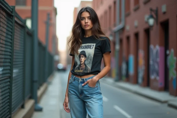 Jeune femme streameuse en tenue streetwear posant dans un quartier urbain créatif