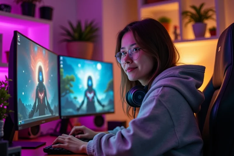 Streameuse Twitch assise devant son setup gaming avec double écran dans un studio home cozy
