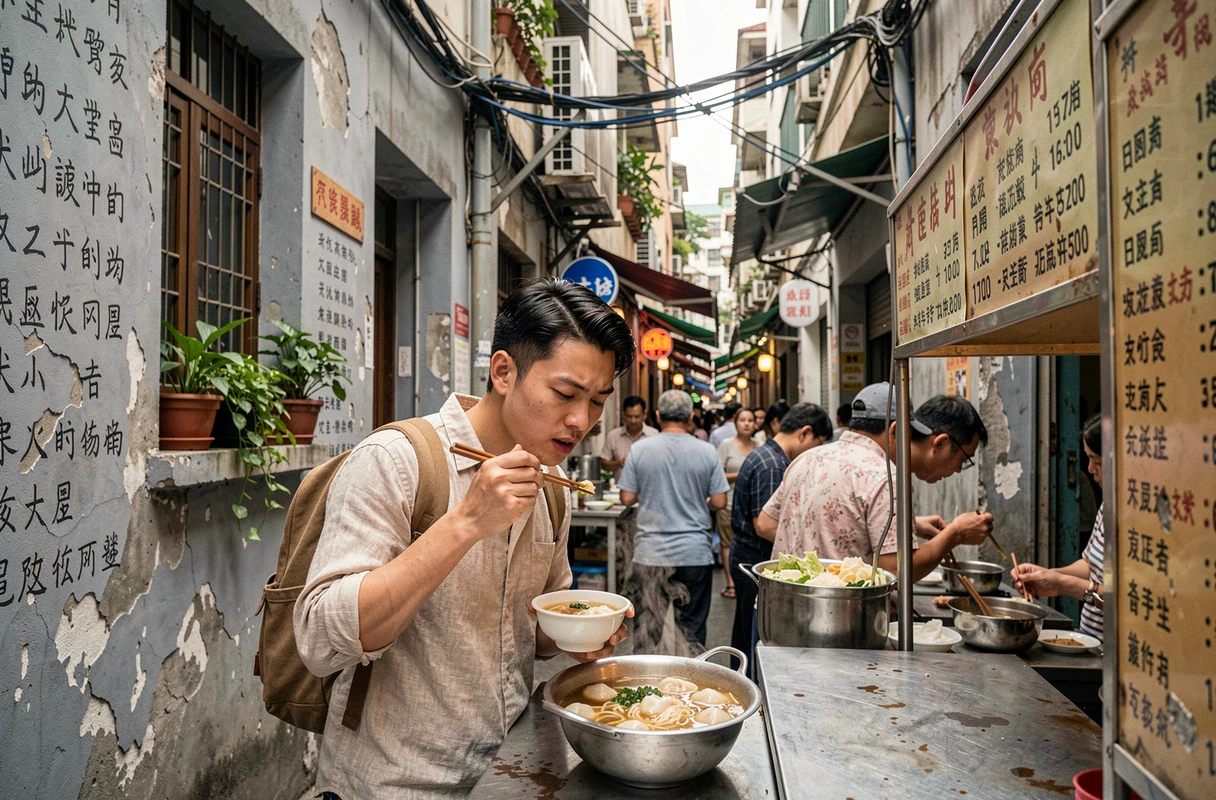 Jeune homme dégustant des nouilles wonton dans une ruelle de street food authentique à Guangzhou