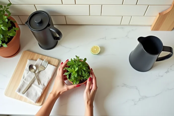 Stylisme de comptoir de cuisine en marbre avec herbes en pot, planche en bois et carafe matte noire