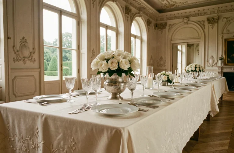 Table de mariage élégante dans un grand salon européen avec vaisselle fine, cristal et roses blanches, style milieu du XXe siècle