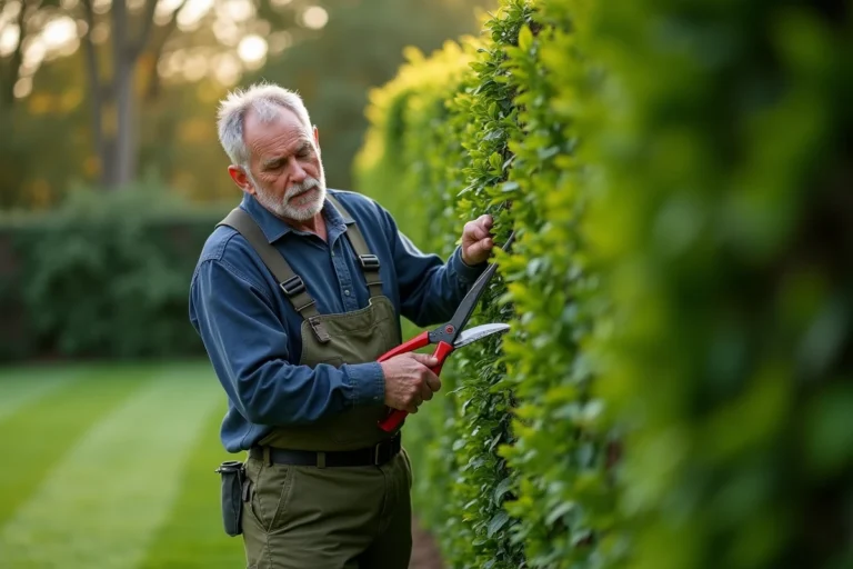 Jardinier professionnel taillant une haie de buis avec des cisailles dans un jardin bien entretenu