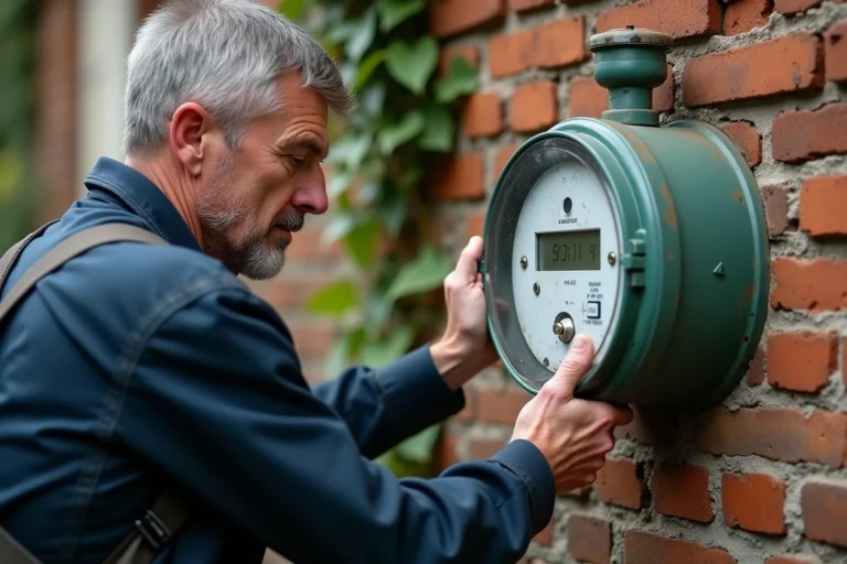 Technicien lisant un compteur de gaz extérieur en brique pour convertir les m3 en kWh